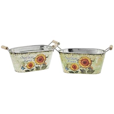 Metal Oblong Bucket Planters with Sunflower Motif, Set of 2
