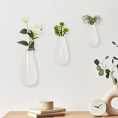 MyGift Wall Mounted White Ceramic Hanging Wall Planter Flower Vase with Oval Teardrop Shape, Set of 3