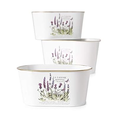 Set of 3 white planters with lavender flowers painted on them