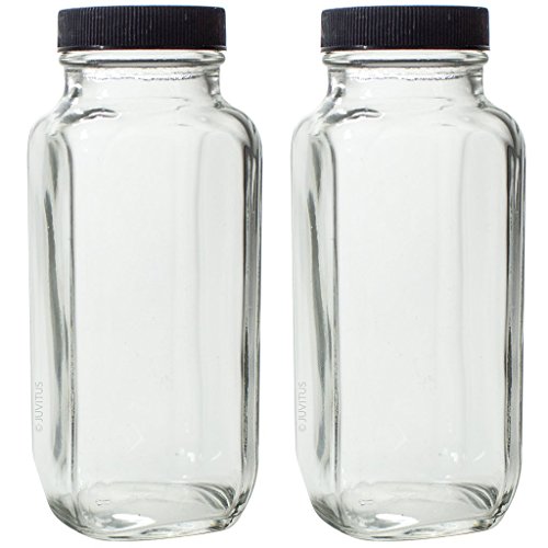 8 oz Clear Thick Plated Glass French Square Empty Bottle Jar with Lid (2 Pack) Perfect for Home, Travel, Juicing, Kombucha