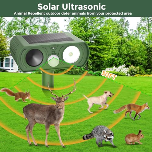 Solar Ultrasonic Animal Repellent Outdoor, Deer Repellent Devices Motion Detection, Waterproof Cat Squirrel Mouse Raccoon Dog Bird Repellent Deterrent with LED Flash Light for Yard Farm Garden