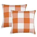 4TH Emotion Set of 2 Orange and White Buffalo Check Plaid Throw Pillow Covers Cushion Case Cotton Linen for Fall Farmhouse Home Decor, 18 x 18 Inches