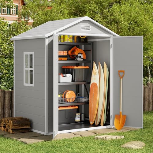 Gizoon Outdoor Resin Storage Shed, 6x4 FT Plastic Garden Shed for Patio Furniture, Lawn Garden Tools, Bike, Outdoor Storage House with Reinforced Floor Double Lockable Doors, All-Weather Colorfast