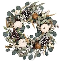 Valery Madelyn 24 inch Fall Wreath with White Pumpkin, Pine Cone, Berry Clusters, Leaves, Harvest Wreath for Front Door and Thanksgiving Decorations