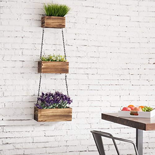 MyGift Rustic Burnt Wood Hanging Planters for Indoor Plants, 3-Tier Plant Boxes with Black Metal Chains