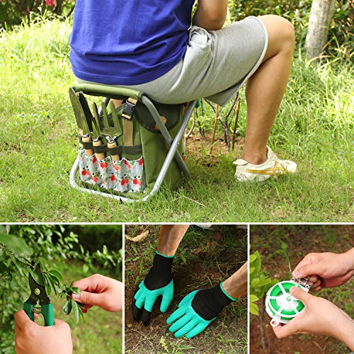 12 pcs Garden Tools Set, Gardening Hand Tools Set with Folding Chair Seat and Garden Storage Tote Bag, Garden Tools Carrier, Digging, Gardening Gifts Set for Mom/Dad,Seniors and Gardeners. Rose