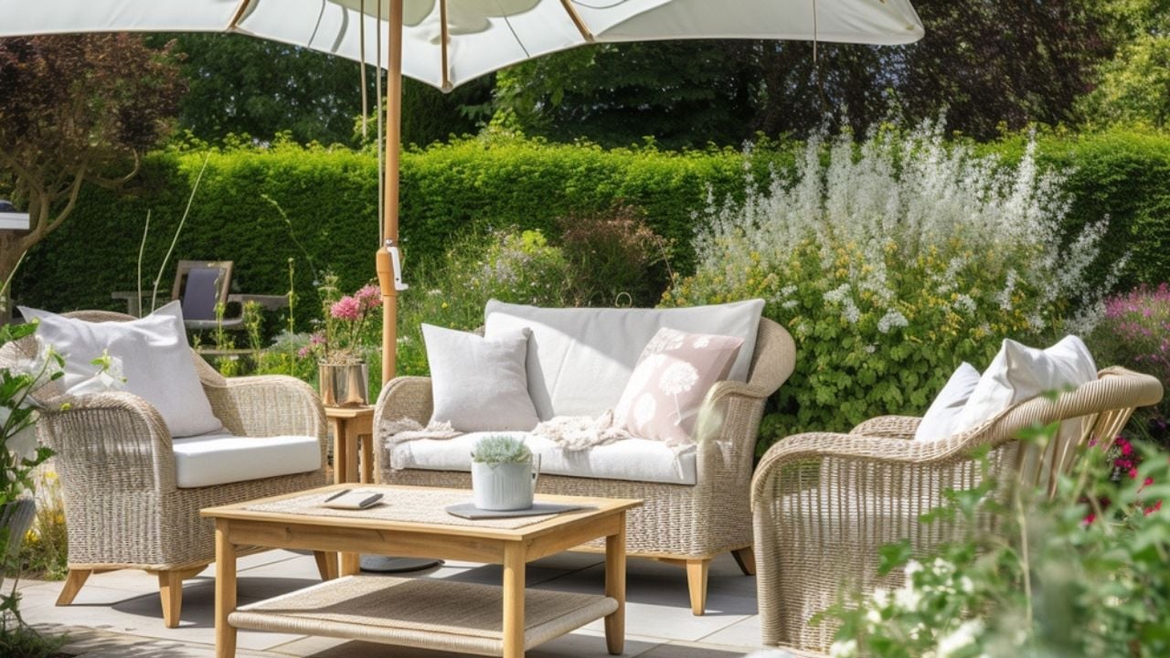 Charming Serene Garden Patio With Cozy Outdoor Furniture, Accent Pillows and Relaxing Setting