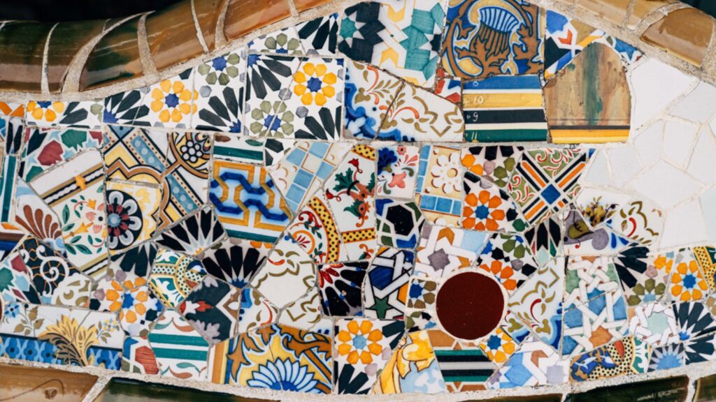 Close-up Mosaic Antonio Gaudi in the Park Guell, Barcelona. High quality photo