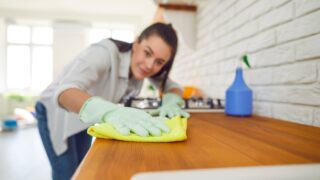 Female cleaner kitchen cloth polishing, happy housewife, professional janitor service busy cleaning home, office