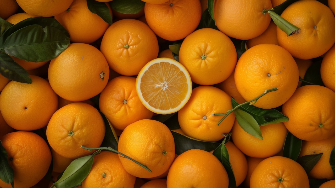 fresh orange fruits with leaves as background top view