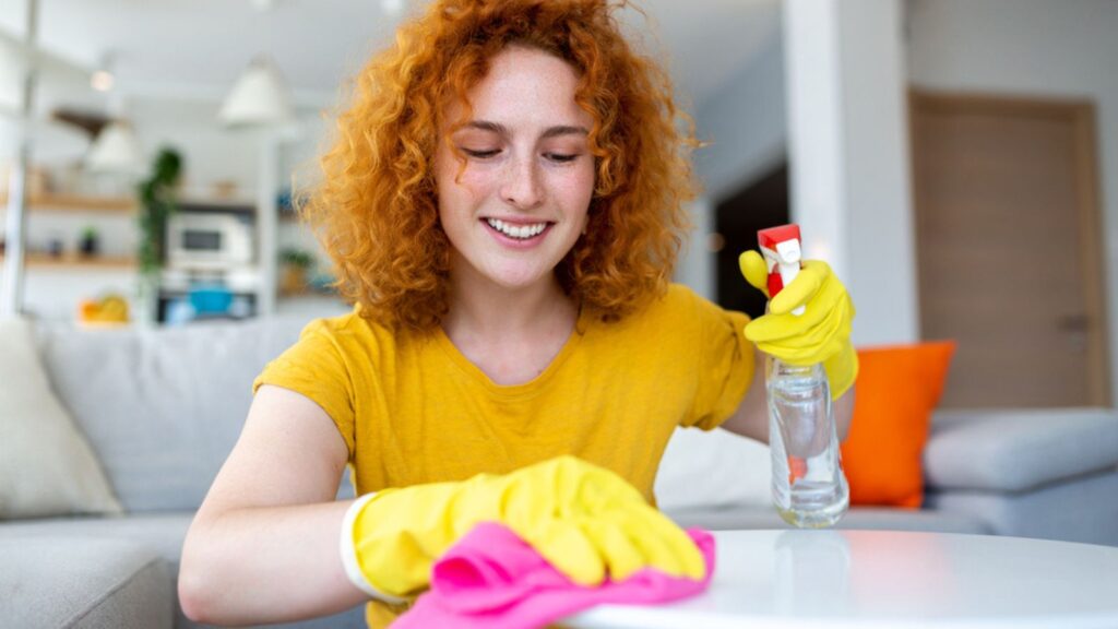 happy woman cleaning house with spray