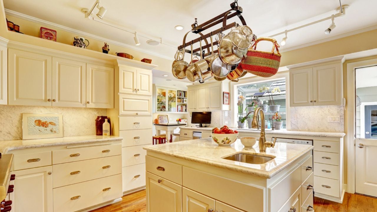 Kitchen Room with Island and Hanging Pot Rack