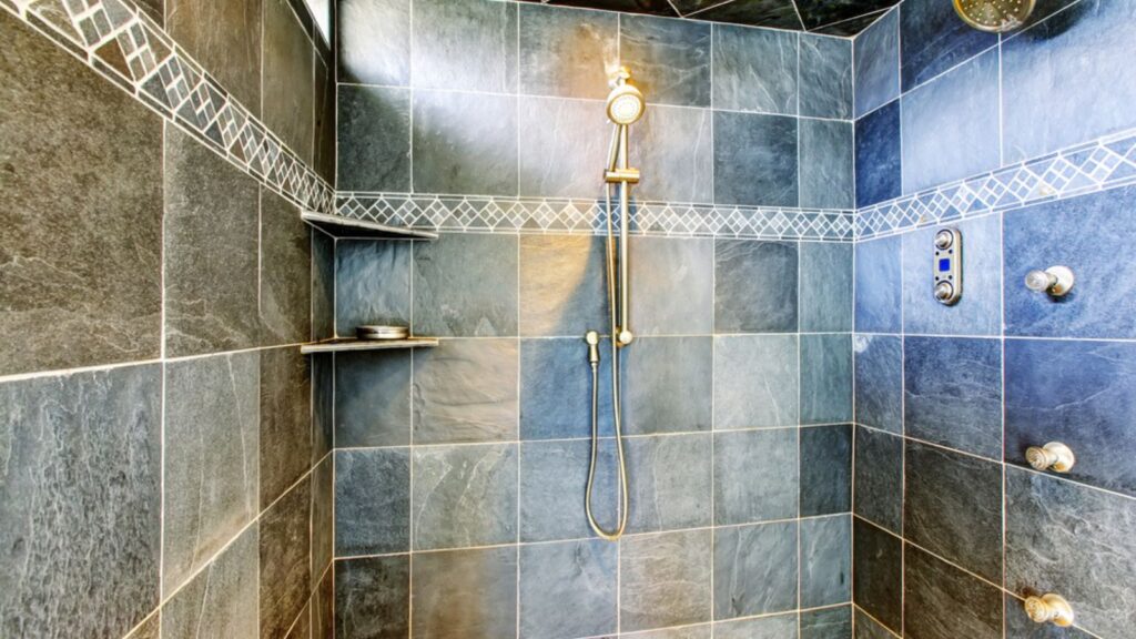 Modern bathroom walk-in shower with steam modern system.