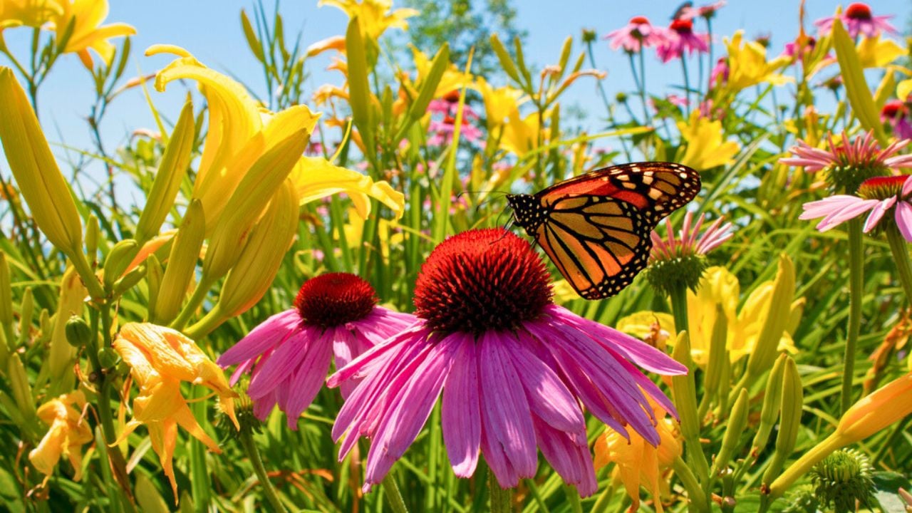 Monarch Butterfly sips nectar from beautiful wildflower and lilies in perennial garden