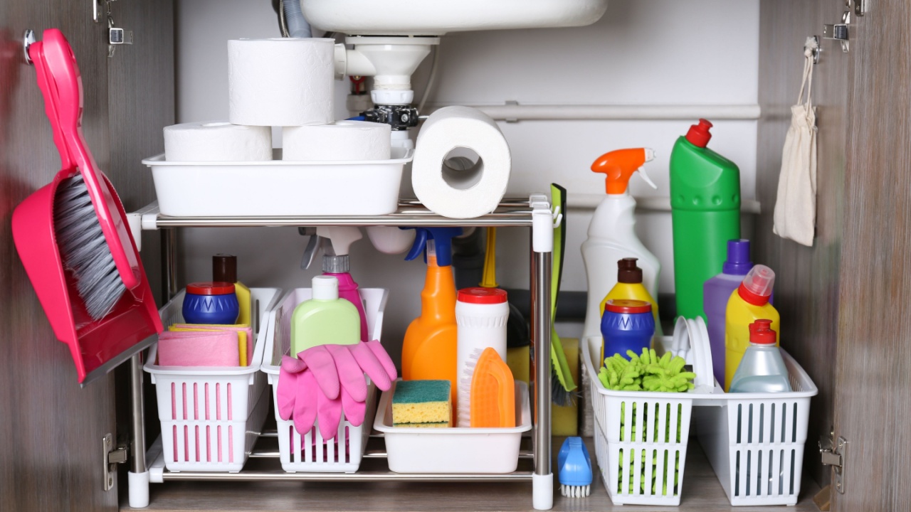 Open under sink cabinet with different cleaning supplies in kitchen