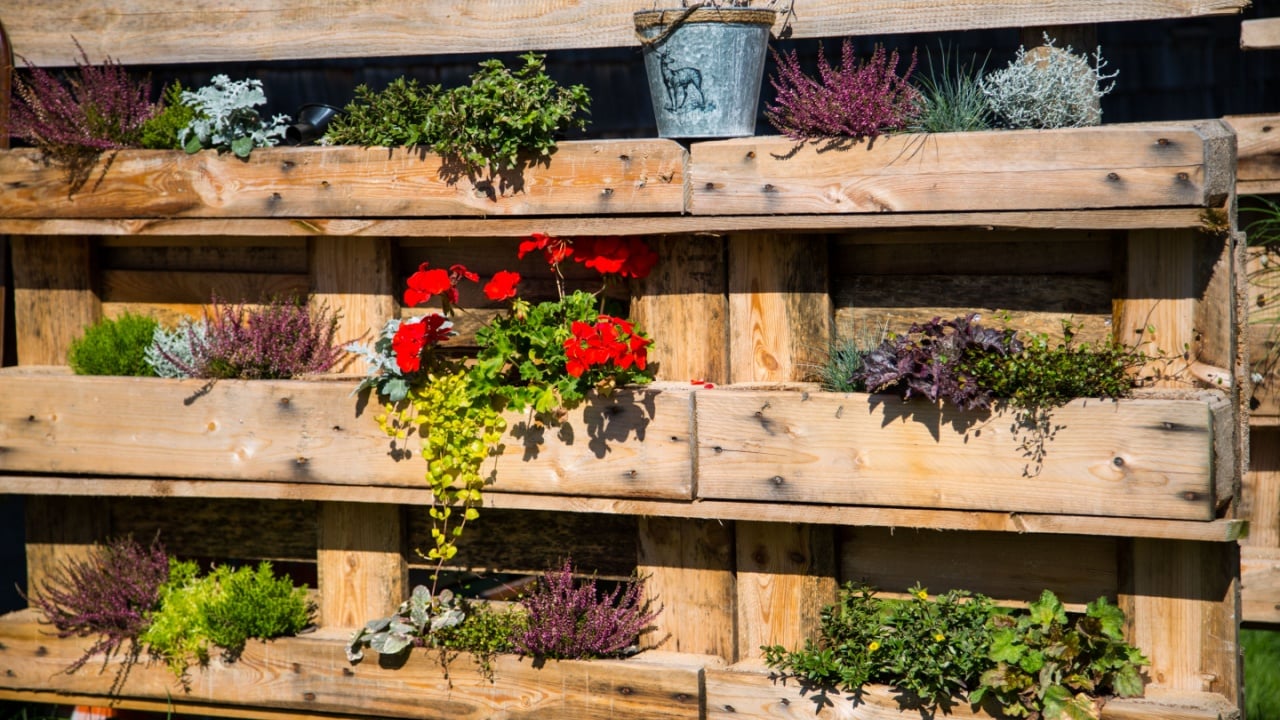 Pallet rebuilt into flower boxes
