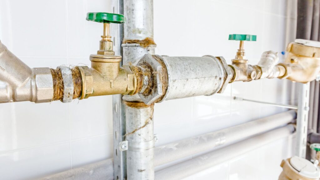 Room with lined up water meters, pipes and valves Backflow Preventer