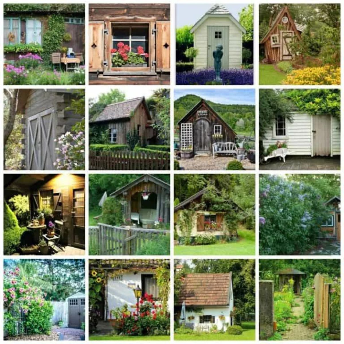 a collage of shed landscaping ideas.