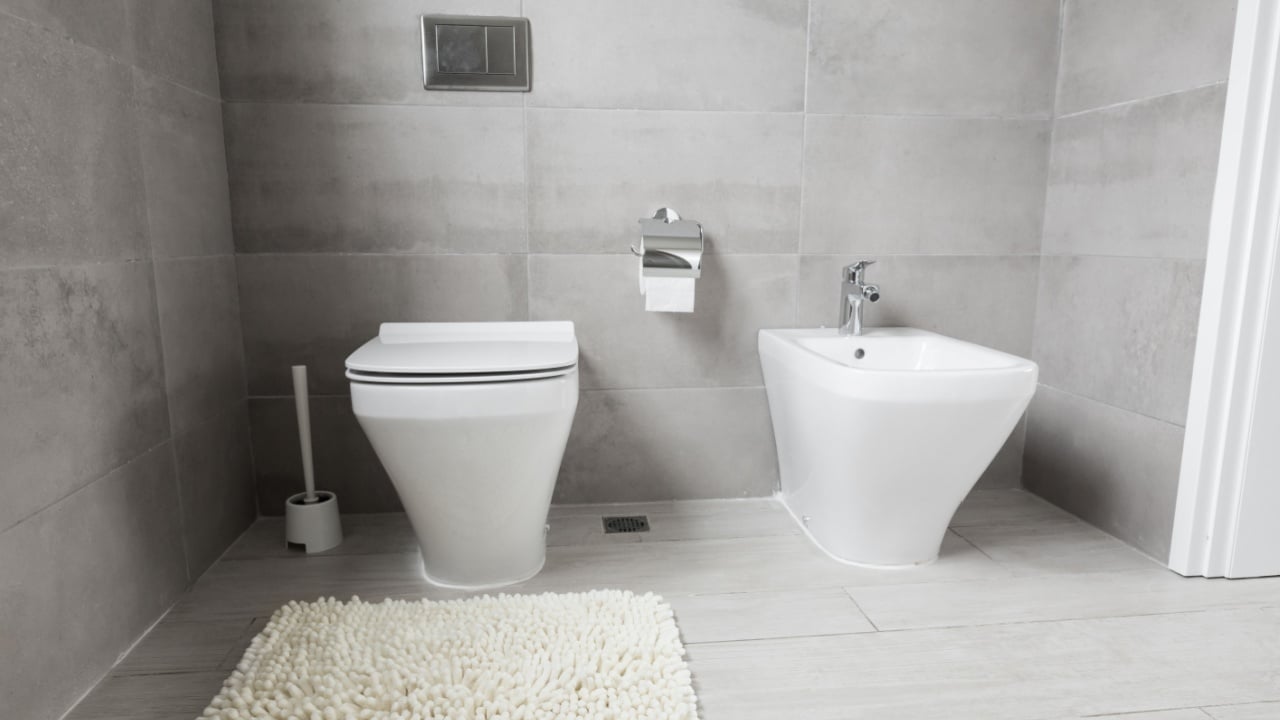White ceramic bidet and toilet at luxury bathroom, nobody