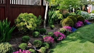 landscape design flowerbed border plants shrubs trees green lawn garden landscape backyard