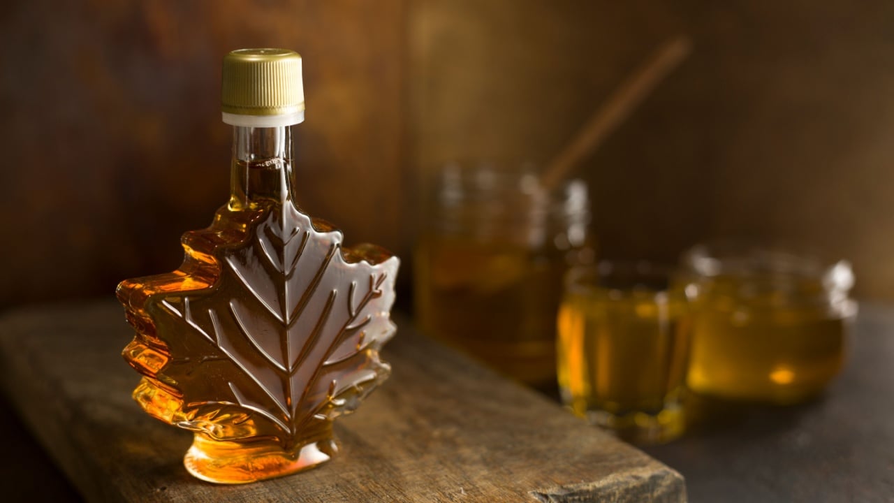Maple Canadian syrup in a glass bottle.