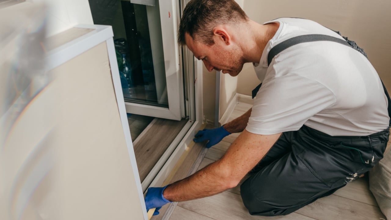 Young man wearing overalls applying mounting tape before sealing a door using waterproof silicone caulk on the balcony.