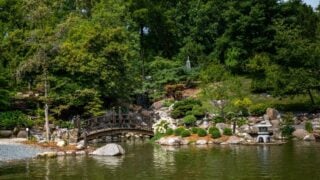 A view of the wooden bridge and lake at Anderson Japanese Gardens on a sunny day, Rockford, Illinois, United States