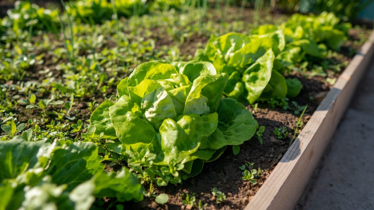 Green lettuce leaves in the vegetable field. Gardening background with green salad plants in the ground.