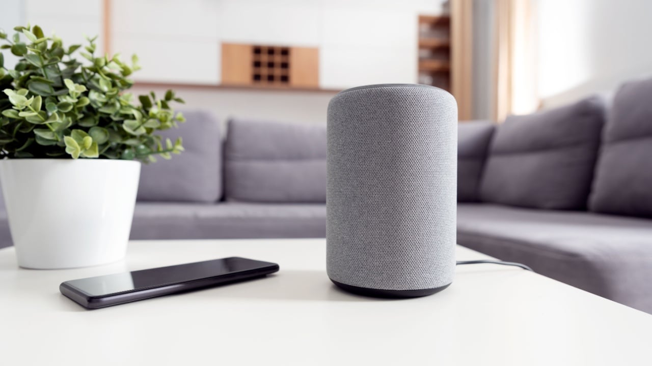 Smart speaker device in living room. Smart home system