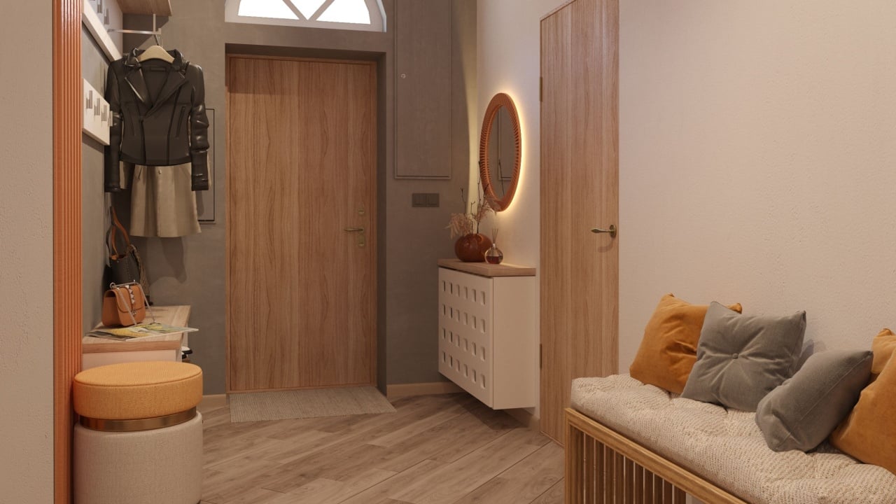 Visualization of hallway in orange white grey