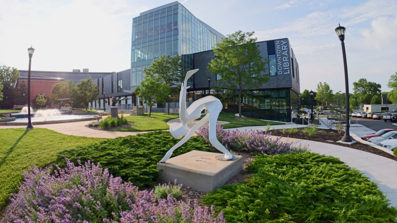 Olathe, Kansas - June 13, 2023: Fisheye view of the New Downtown Olathe Public Library in Johnson County, KS