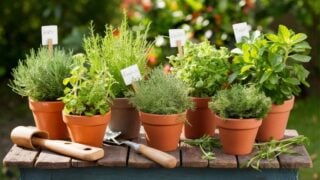 A collection of different herbs in terracotta pots on a rustic wooden table