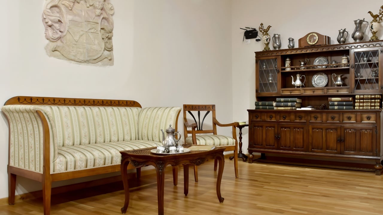 Old interior house, classic furniture, retro vintage background texture, old rural architecture house