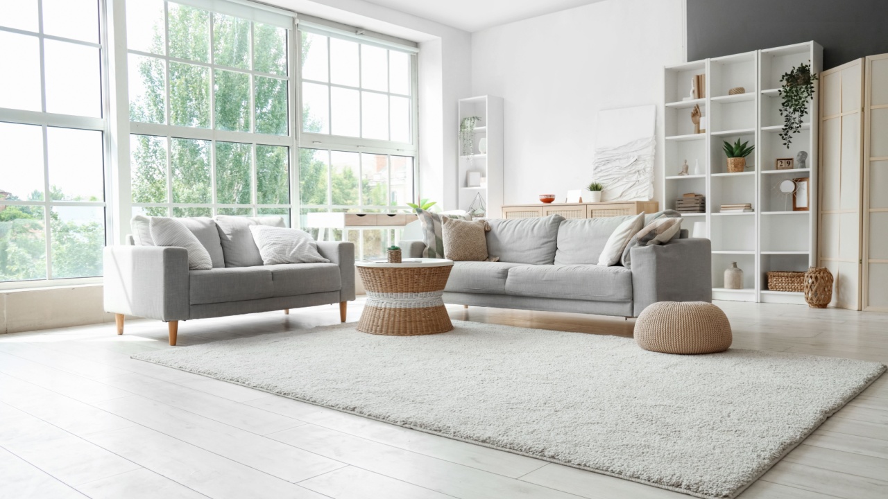 Interior of light living room with sofas, rattan table and soft carpet