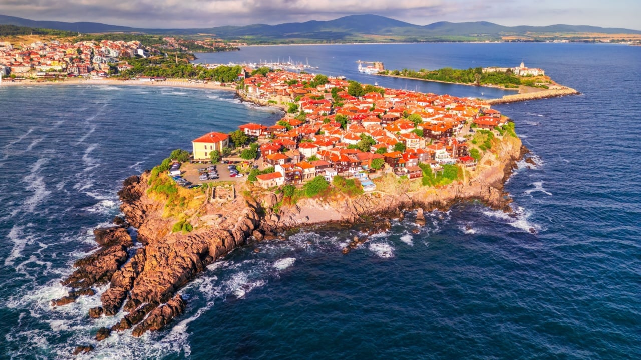 Sozopol, Bulgaria. Aerial view of the old town Apollonia, coastline charming city, Burgas region.