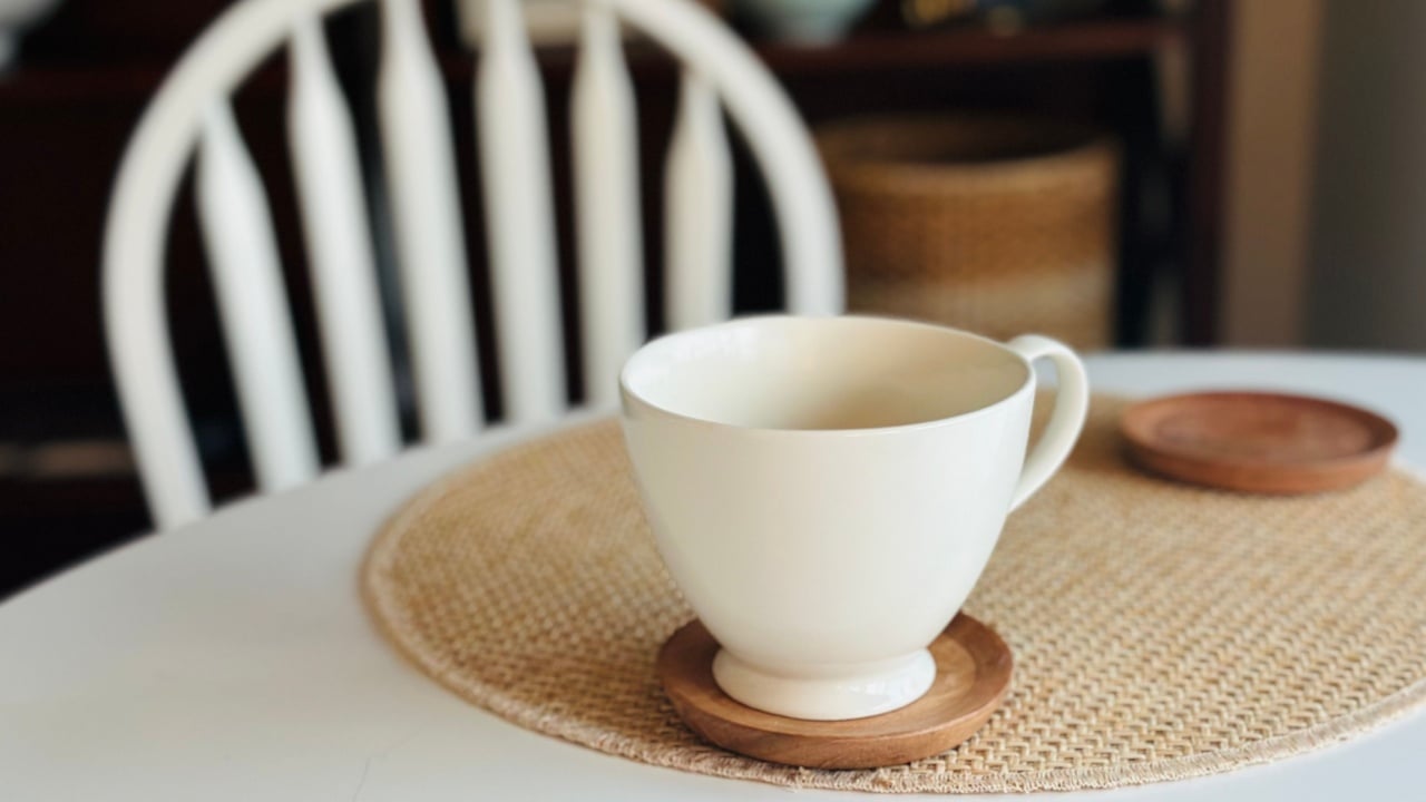White Mug Wooden Coaster Morning Coffee