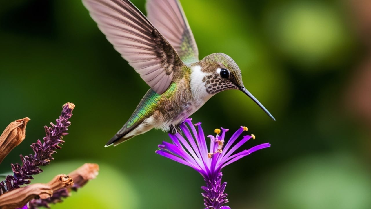 Close-up view of a Fire-throated Hummingbird feeding on a foxglove flower in a lush cloud forest garden