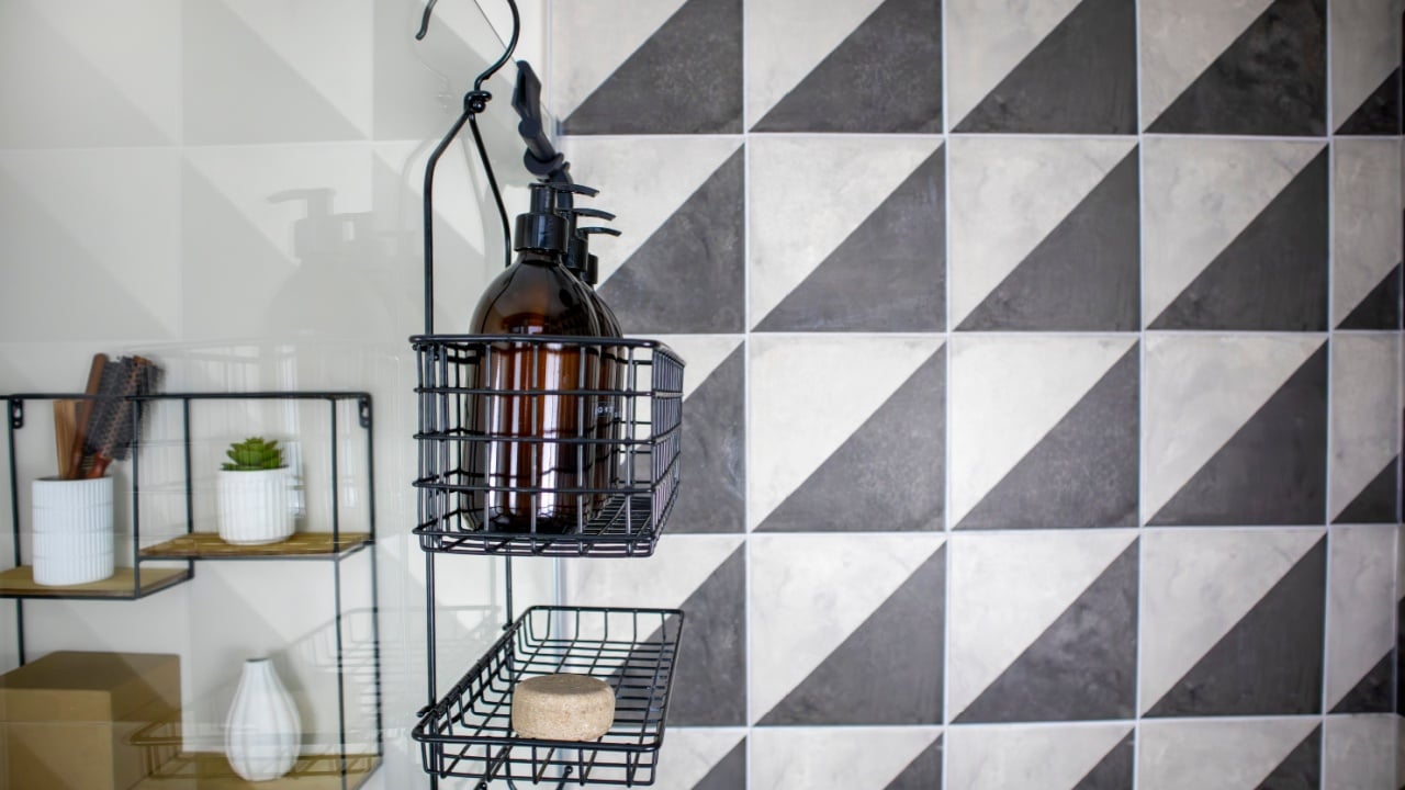 Black Metal Shower Caddy and Wall Shelf in Modern Bathroom