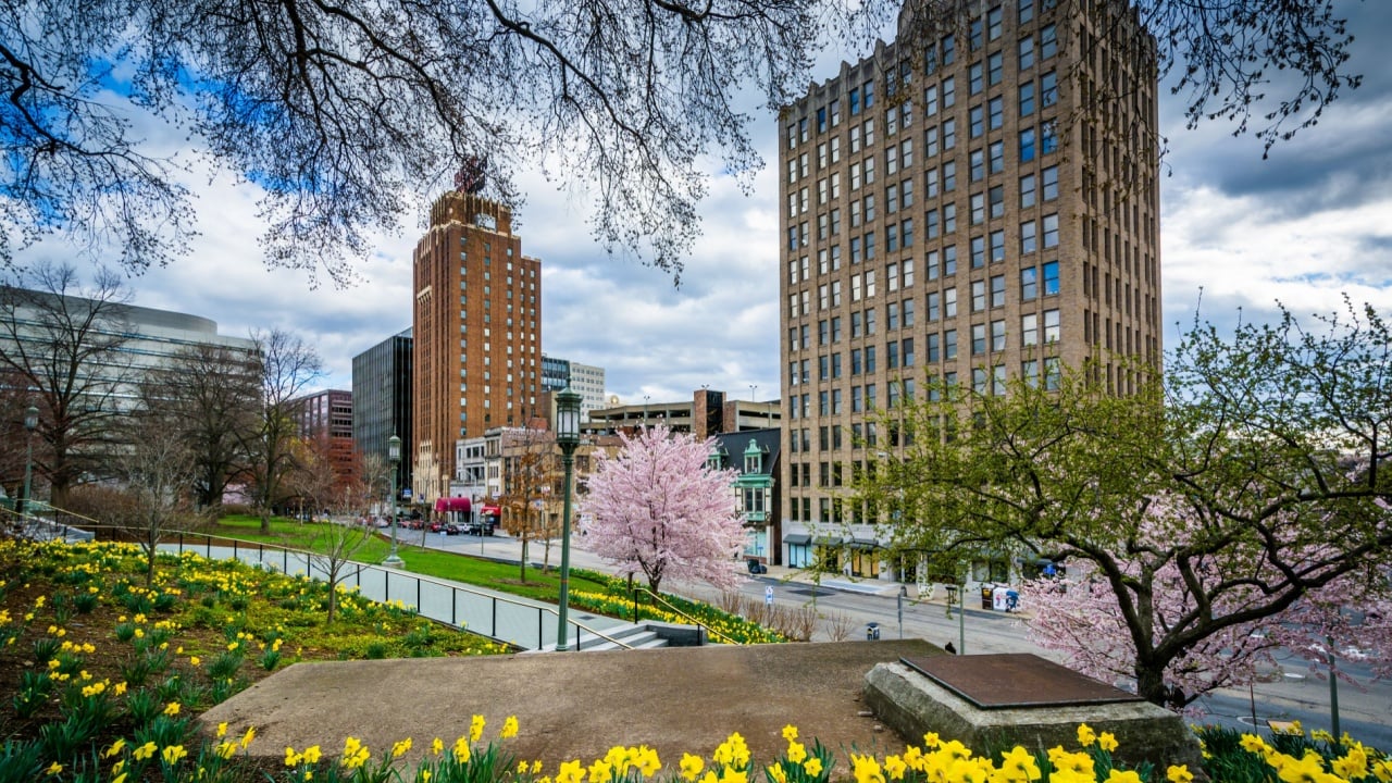 Gardens and buildings along 3rd Street, in downtown Harrisburg, Pennsylvania.