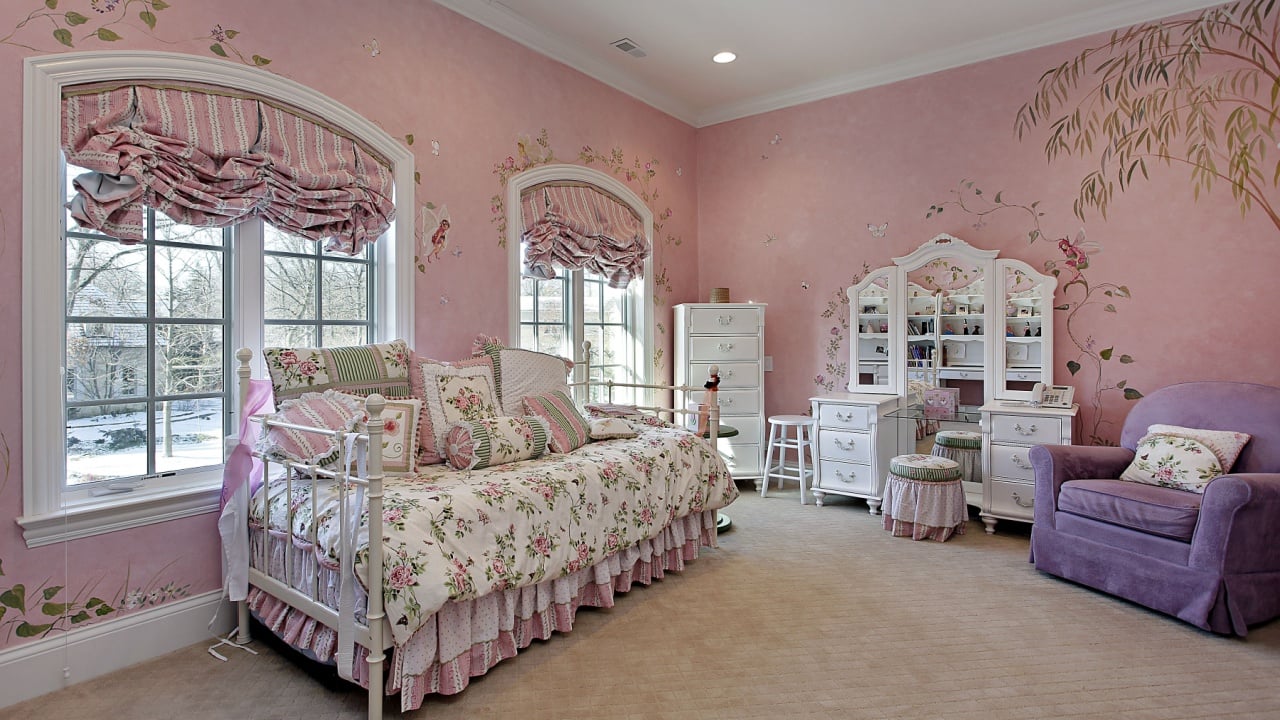 Pink children's bedroom in luxury suburban home