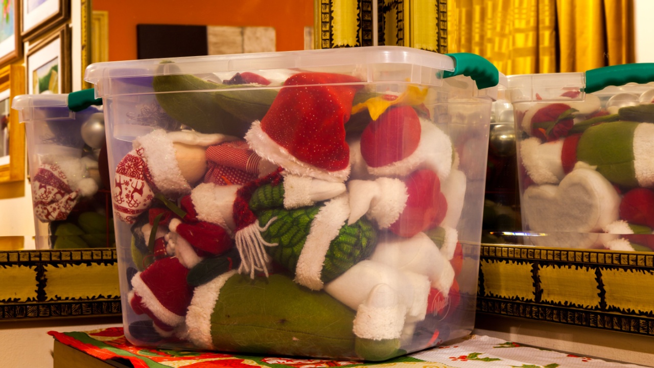Christmas decoration stored in a transparent box - a plastic box with a lot of christmas ornament inside