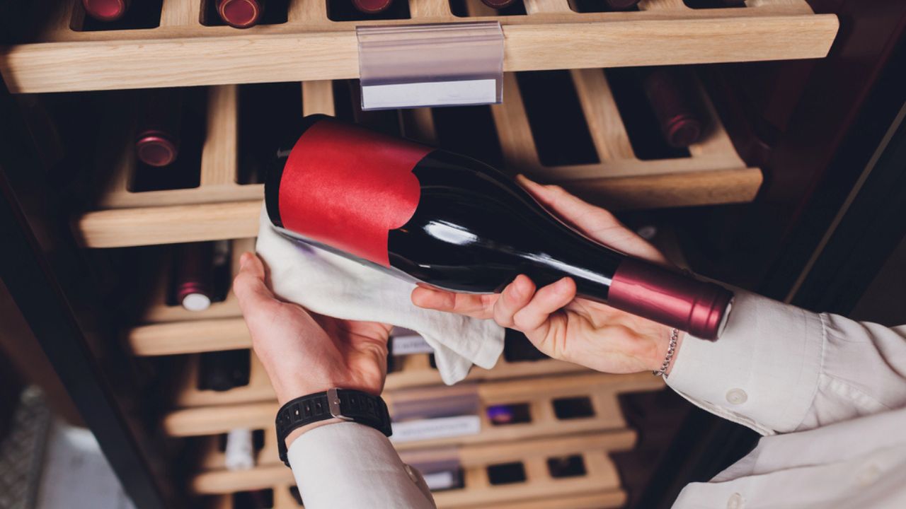 Storing Bottles of Wine in Fridge. Alcoholic Card in Restaurant. Cooling and Preserving Wine.