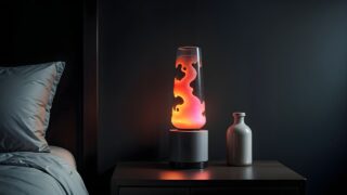 Abstract Lava Lamp on Floating Minimalist Nightstand in Moody Atmospheric Bedroom