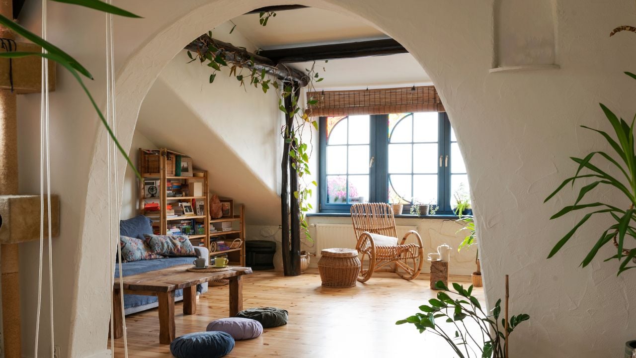 Interior of a living room with comfortable sofa, table, armchair and seating cushions. Room in apartment with doorway with arch. Bright indoors.