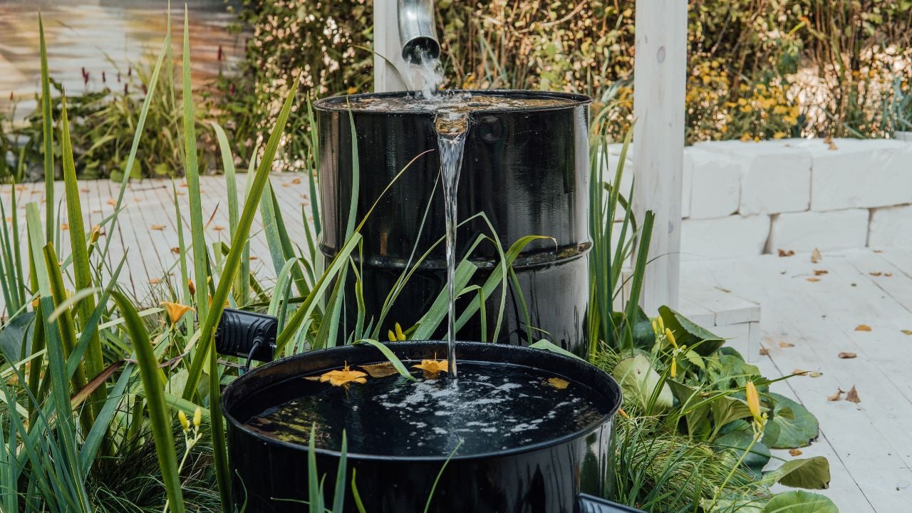 Rain water flows from a drainpipe to the metal barrel in garden in summer close up