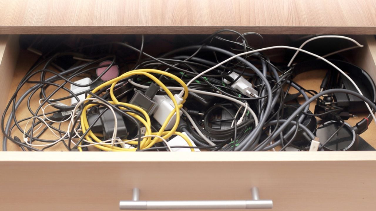 USB chargers and wires tangled and in chaos.