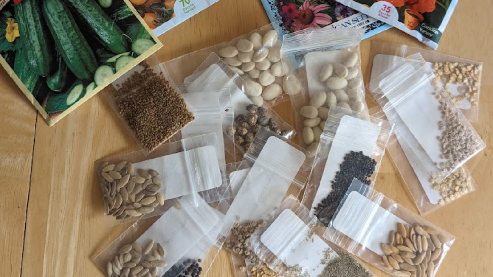 Small packets of flower and vegetable seeds.