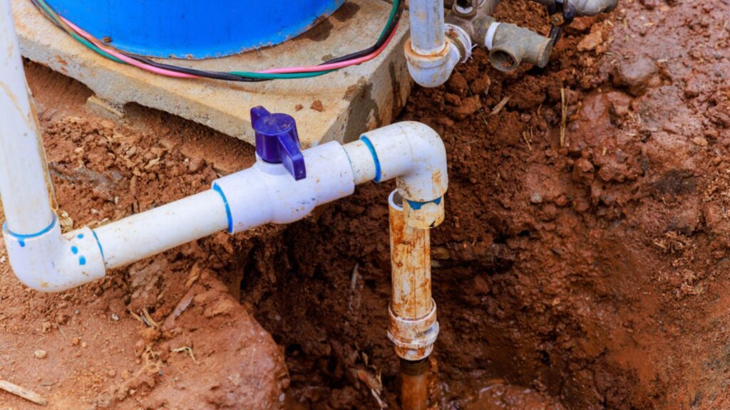 Water is connected to well pump through an underground pipeline for new home 
