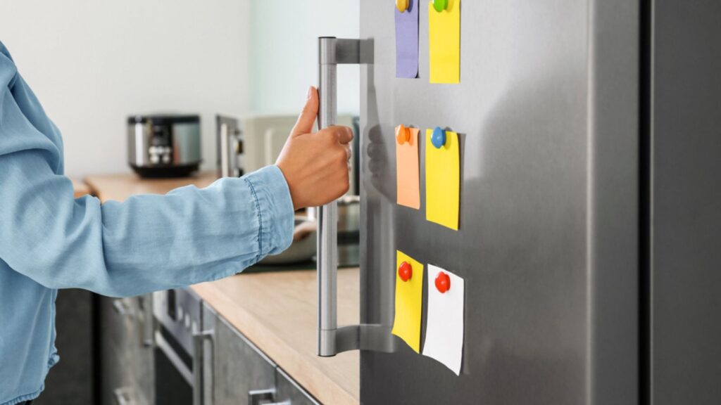 Woman opening modern fridge with stickers on door in kitchen