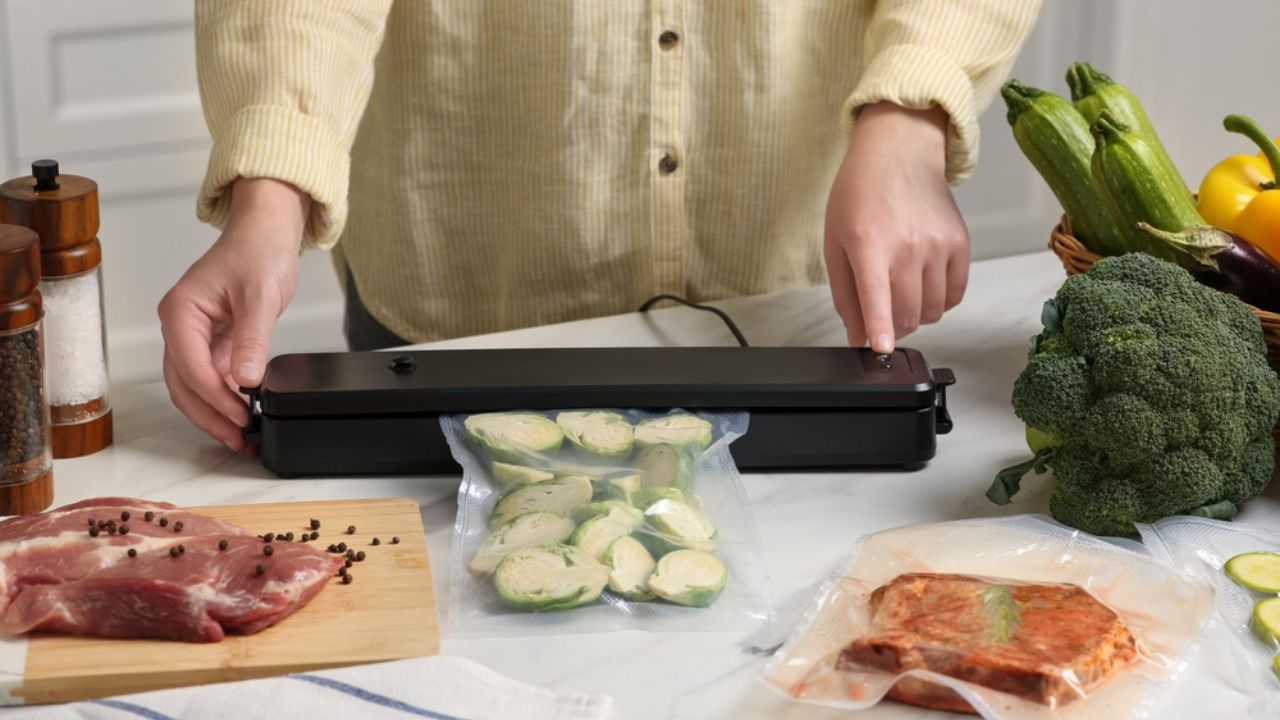 Woman using sealer for vacuum packing with plastic bag of zucchini at white table in kitchen, closeup